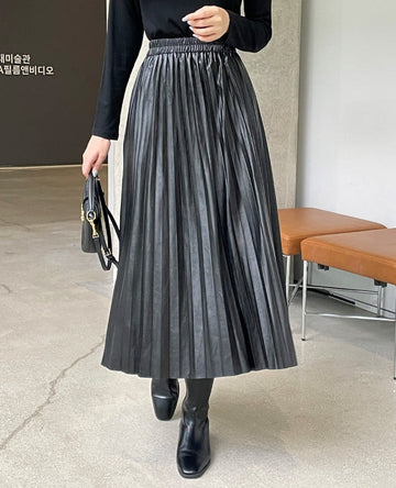 Jace Leather Pleated Banding Long Skirt